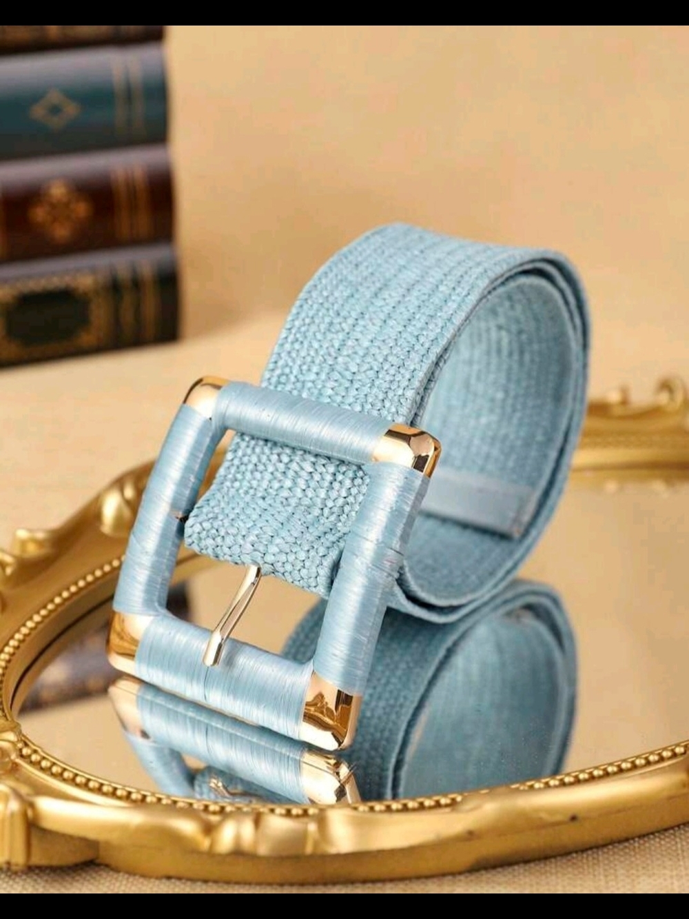 Light Blue Woven Waist Belt with Gold-Tone Buckle - Picture 3 of 9